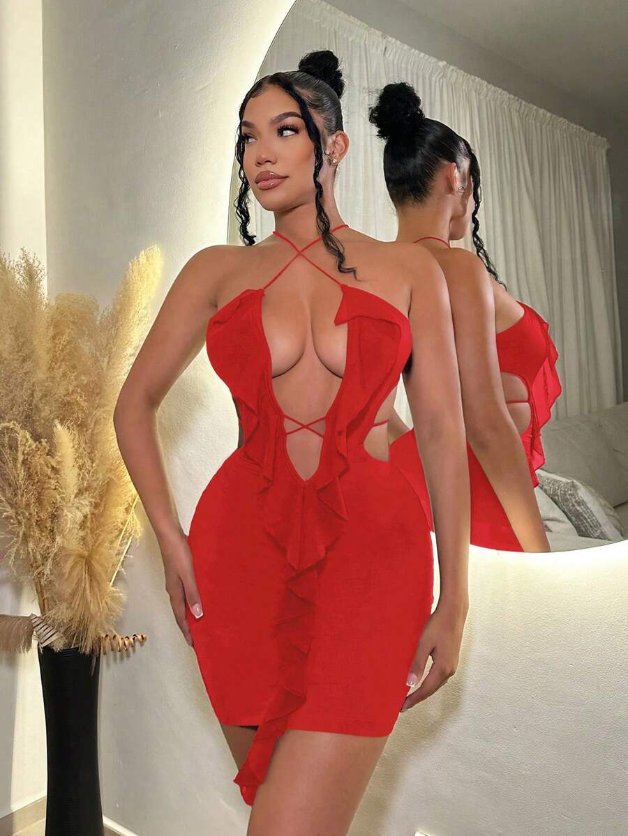 Women's Summer Beach Deep V-Neck Crossing Cutout Halter Dress Slim Fit Backless Casual Party Vacation Outfit Fashion Clothes Chic