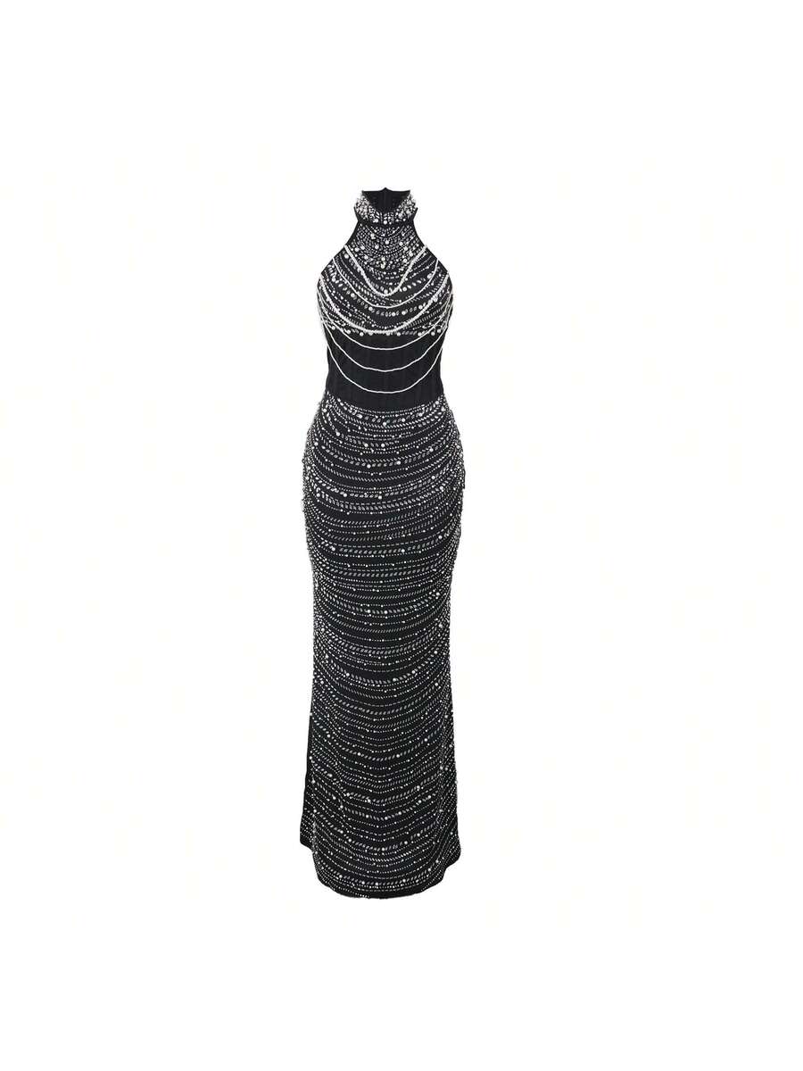 Women's Sleeveless Embellished Beaded Peplum Dress Elegant Formal Evening Gown Suitable For Festivals Weddings Party Guest Outfits