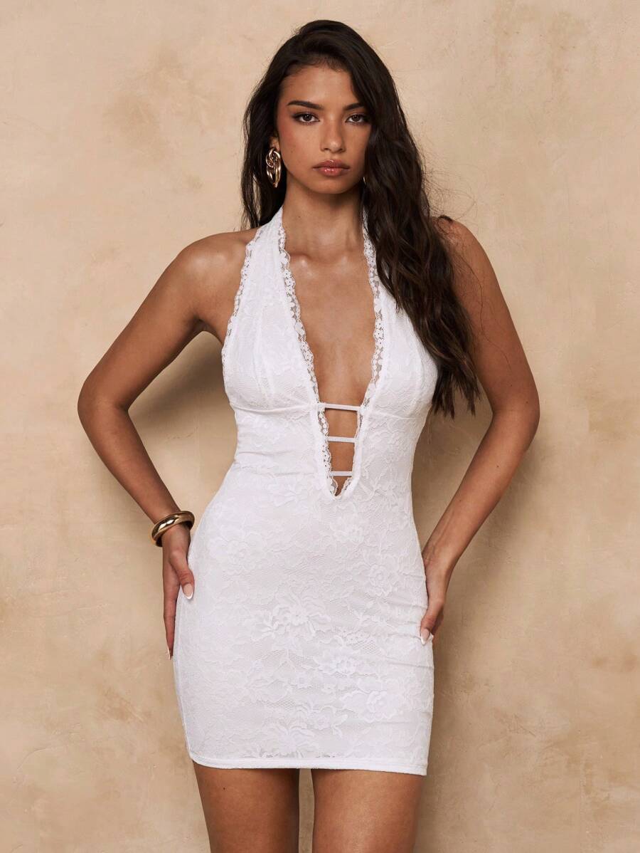 Women's Floral Lace Deep V-Neck Halter Mini Dress Festival Rave Outfit Summer Party Vacation Clubwear Elegant Fashion Clothes