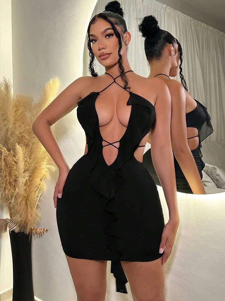 Women's Summer Beach Deep V-Neck Crossing Cutout Halter Dress Slim Fit Backless Casual Party Vacation Outfit Fashion Clothes Chic