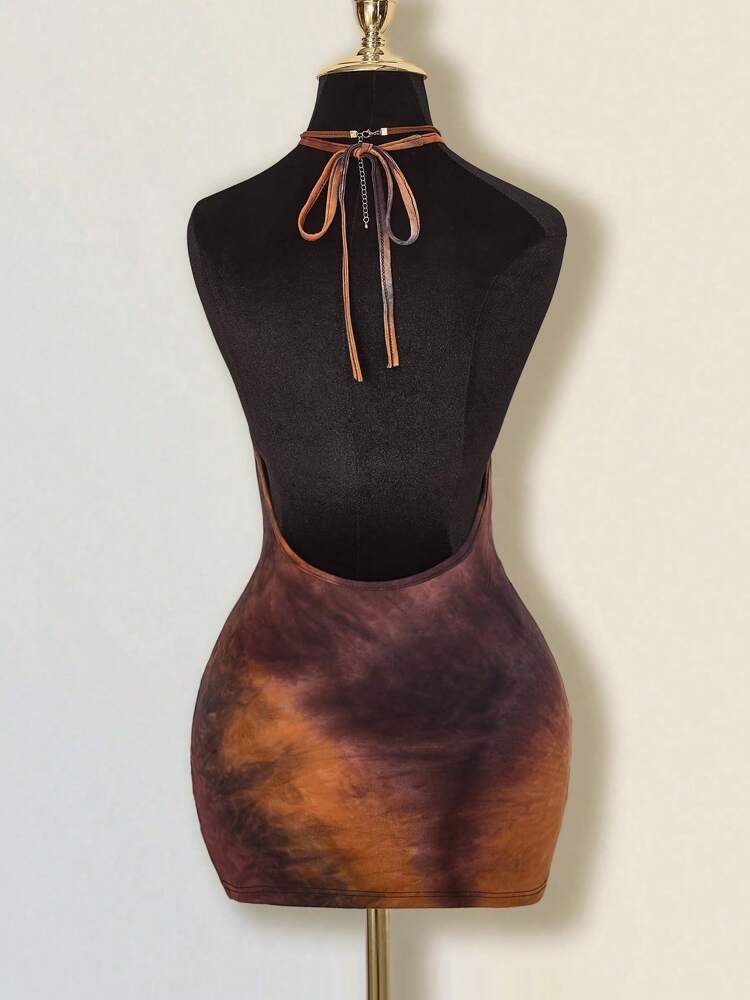 Women's Halter Neck Tie-Dye Bodycon Mini Dress Backless Slim Fit Summer Party Outfit Casual Clubwear Fashion Trendy Clothes Chic