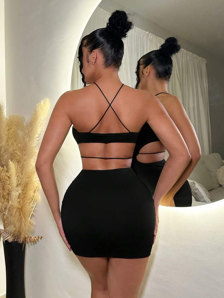 Women's Summer Beach Deep V-Neck Crossing Cutout Halter Dress Slim Fit Backless Casual Party Vacation Outfit Fashion Clothes Chic
