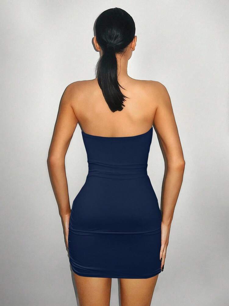 Women's Royal Blue Tube Dress Sleek Cut-Out Neck Metal Decor Bodycon Mini Dress Summer Casual Party Clubwear Fashion Clothes Chic