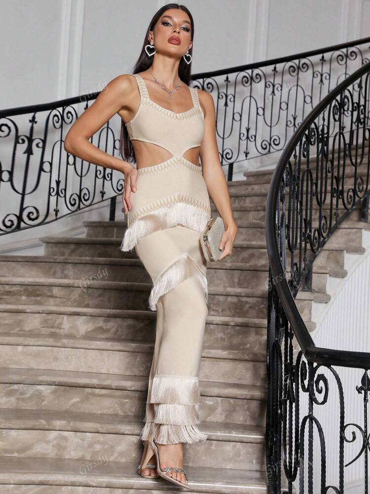 Women's Apricot Bandage Maxi Dress Spaghetti Strap Cutout Waist Tassel Split Long Dress Summer Vacation Wedding Party Outfit Chic