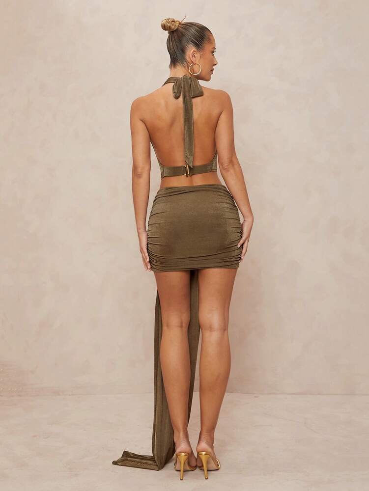 Women's Halter Neck Ribbon Dress With Metal Decor Backless Summer Vacation Outfit Elegant Bohemian Outdoor Party Clothes Chic