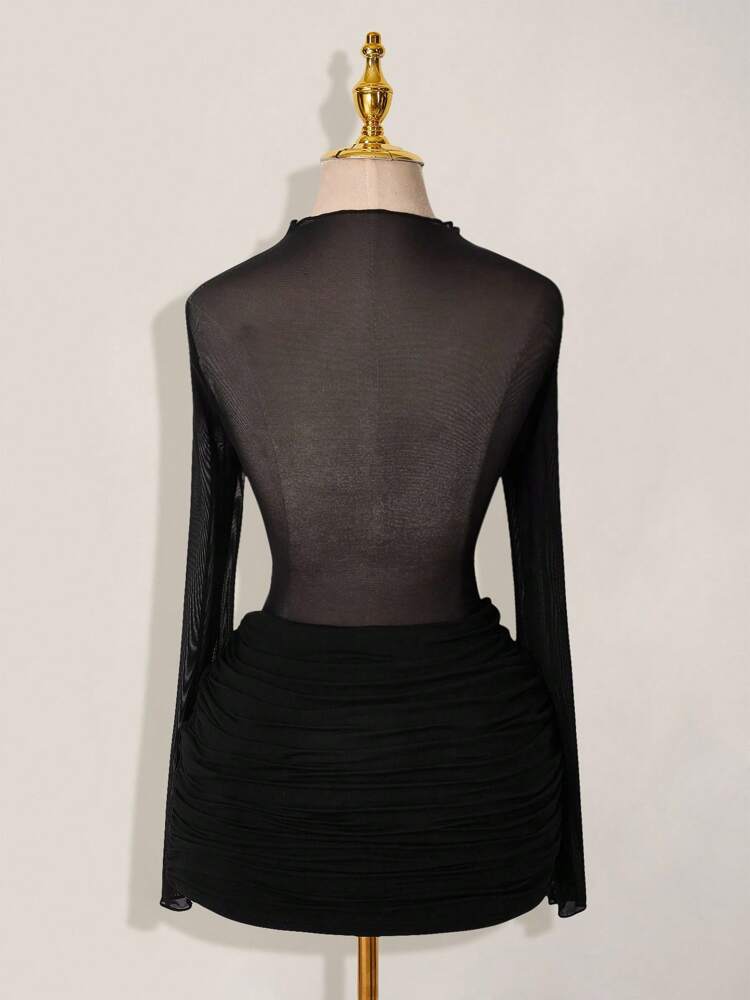 Women's Black Mesh Patchwork Sheer Ruched Long Sleeve Mini Dress Summer Party Outfit Elegant Casual Evening Fashion Clothes Chic
