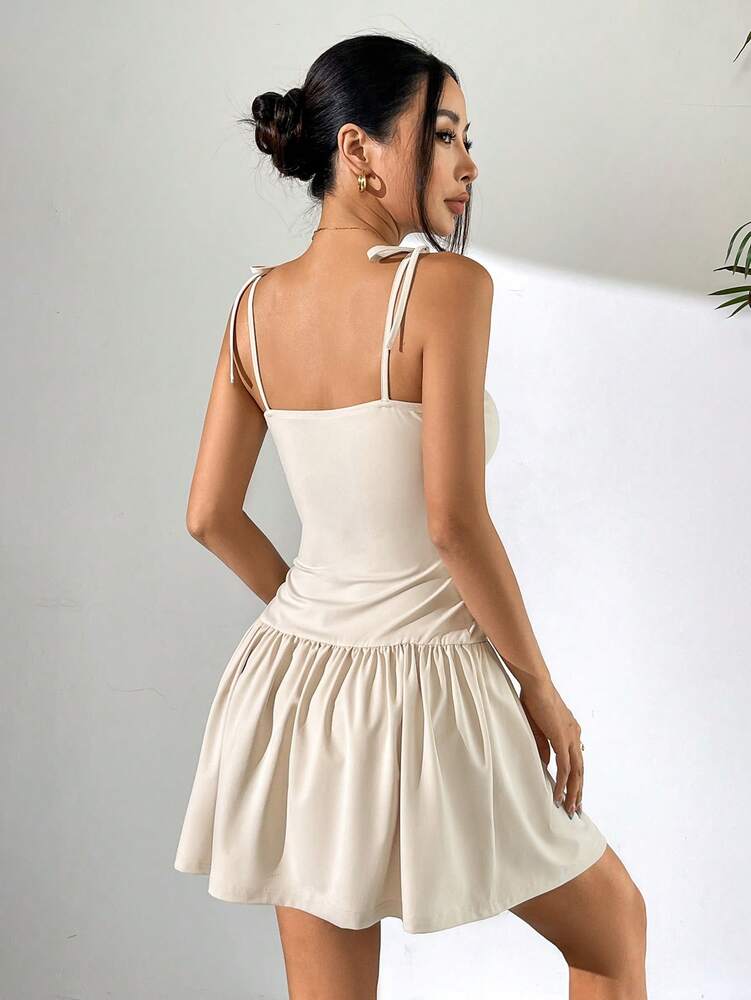 Women's Beige Mini Dress Spaghetti Straps Ruffle Hem Summer Casual Vacation Outfit Elegant Slim Fit Fashion Daily Wear Clothes