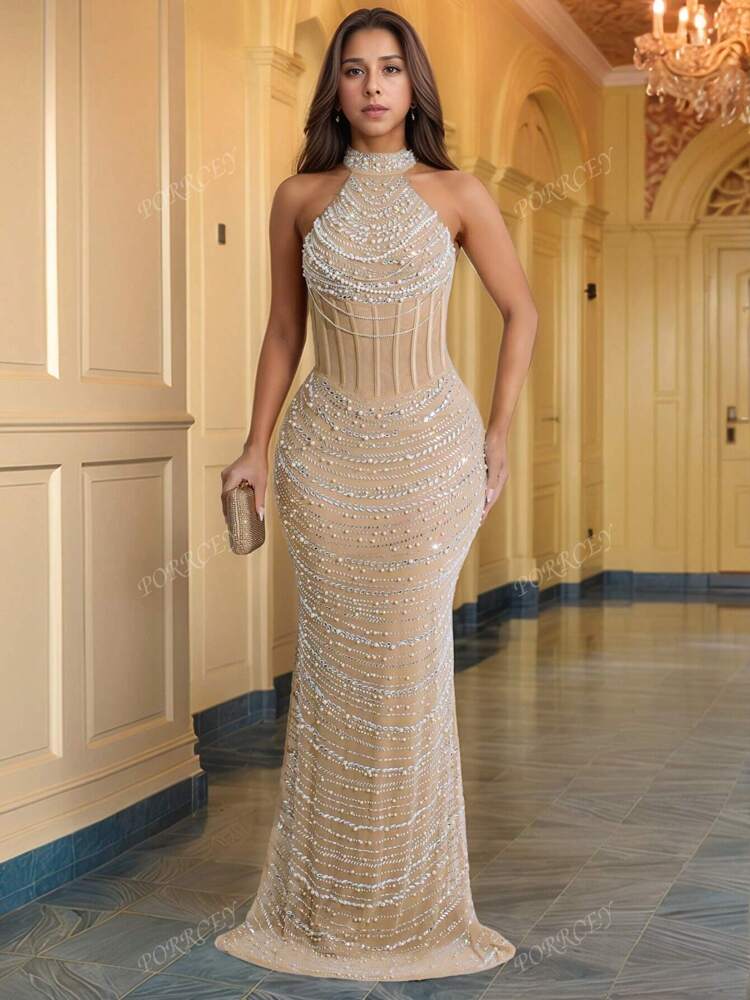 Women's Sleeveless Embellished Beaded Peplum Dress Elegant Formal Evening Gown Suitable For Festivals Weddings Party Guest Outfits