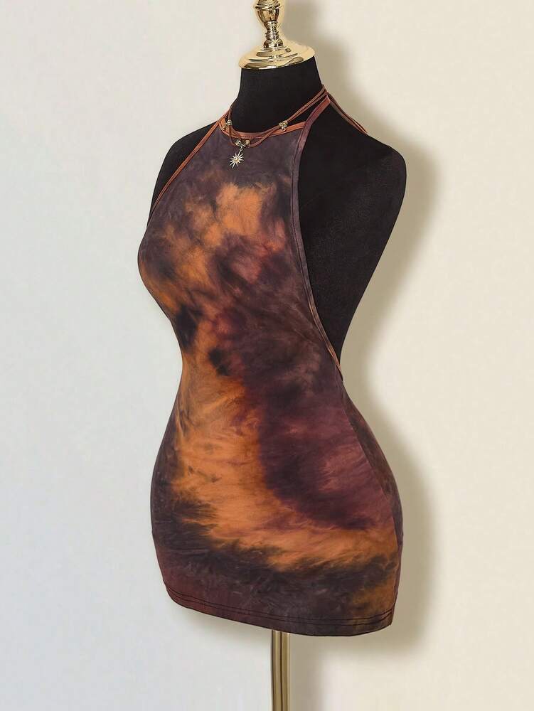 Women's Halter Neck Tie-Dye Bodycon Mini Dress Backless Slim Fit Summer Party Outfit Casual Clubwear Fashion Trendy Clothes Chic