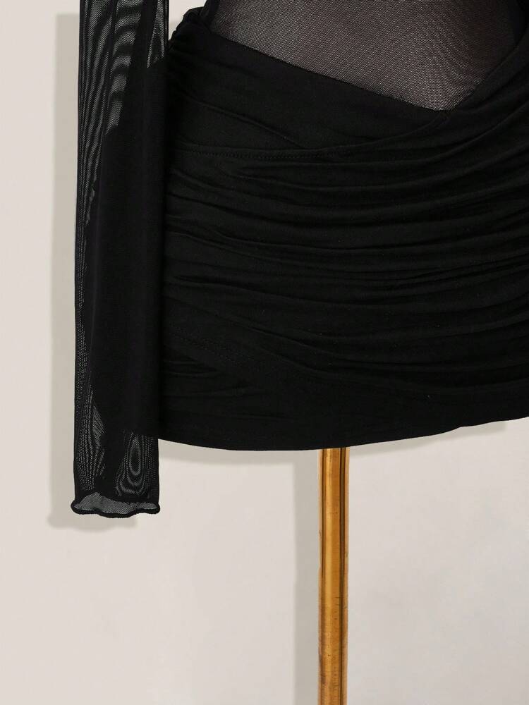 Women's Black Mesh Patchwork Sheer Ruched Long Sleeve Mini Dress Summer Party Outfit Elegant Casual Evening Fashion Clothes Chic