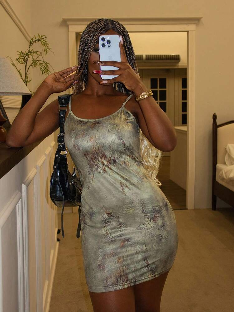 Women's Tie-Dye Print Spaghetti Strap Bodycon Dress Summer Vacation Outfit Slim Fit Casual Daily Party Clubwear Fashion Clothes
