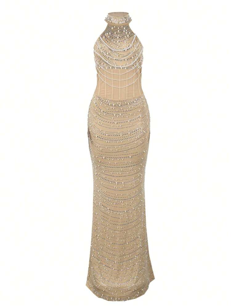 Women's Sleeveless Embellished Beaded Peplum Dress Elegant Formal Evening Gown Suitable For Festivals Weddings Party Guest Outfits