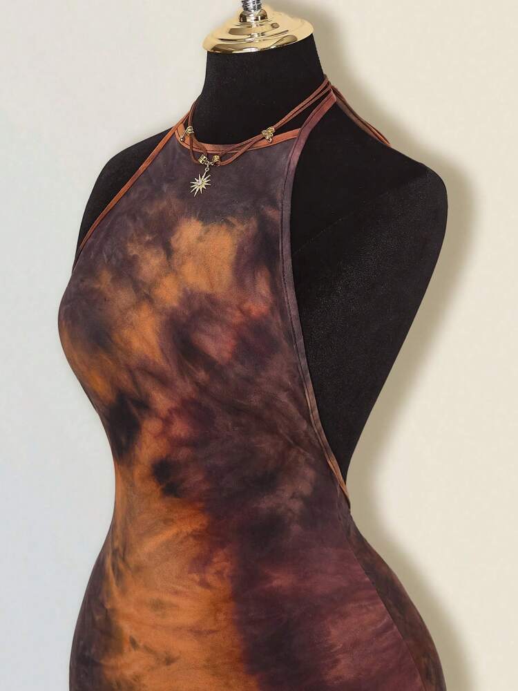 Women's Halter Neck Tie-Dye Bodycon Mini Dress Backless Slim Fit Summer Party Outfit Casual Clubwear Fashion Trendy Clothes Chic