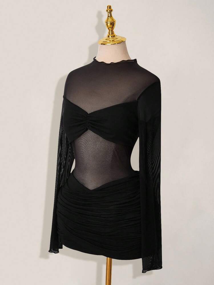 Women's Black Mesh Patchwork Sheer Ruched Long Sleeve Mini Dress Summer Party Outfit Elegant Casual Evening Fashion Clothes Chic