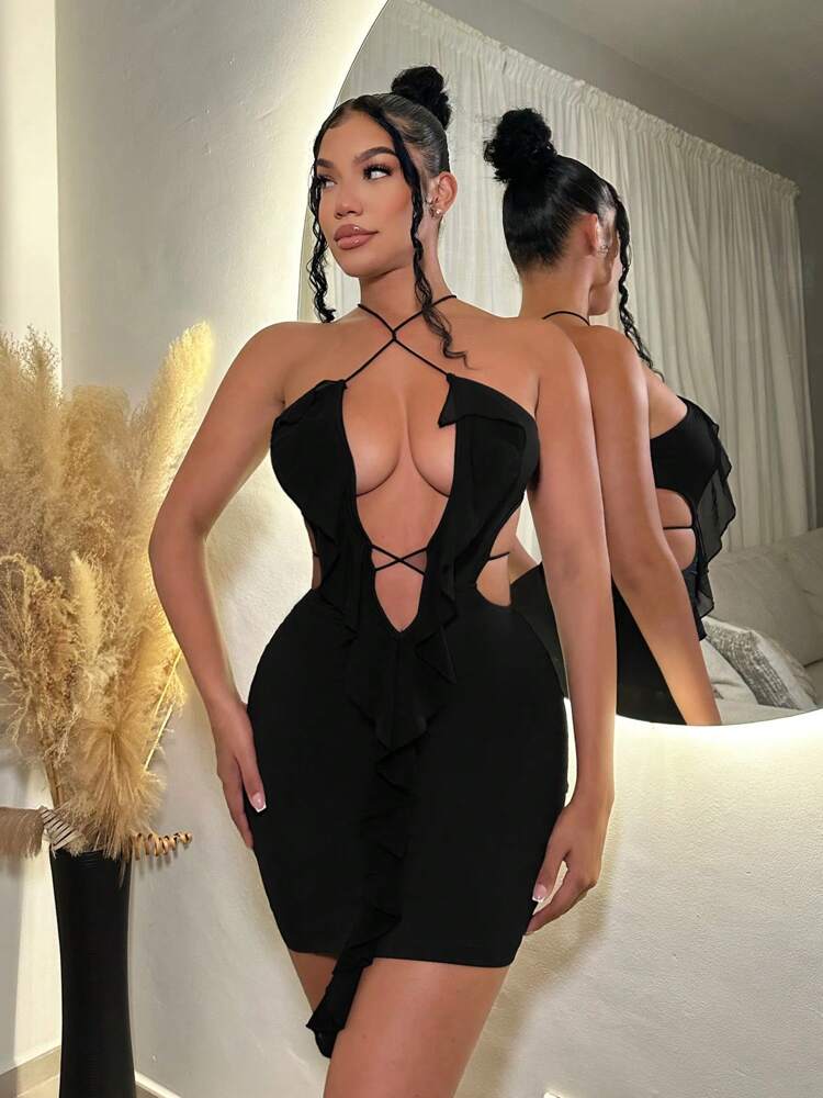 Women's Summer Beach Deep V-Neck Crossing Cutout Halter Dress Slim Fit Backless Casual Party Vacation Outfit Fashion Clothes Chic