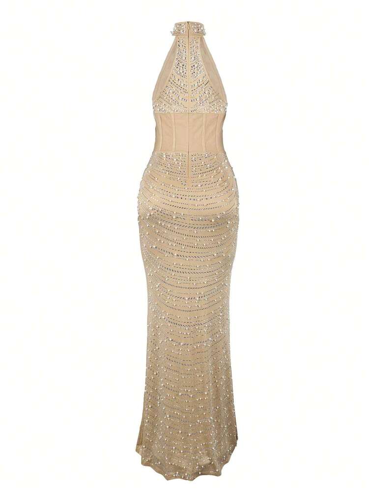 Women's Sleeveless Embellished Beaded Peplum Dress Elegant Formal Evening Gown Suitable For Festivals Weddings Party Guest Outfits