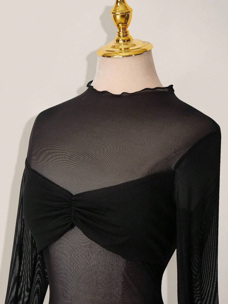 Women's Black Mesh Patchwork Sheer Ruched Long Sleeve Mini Dress Summer Party Outfit Elegant Casual Evening Fashion Clothes Chic