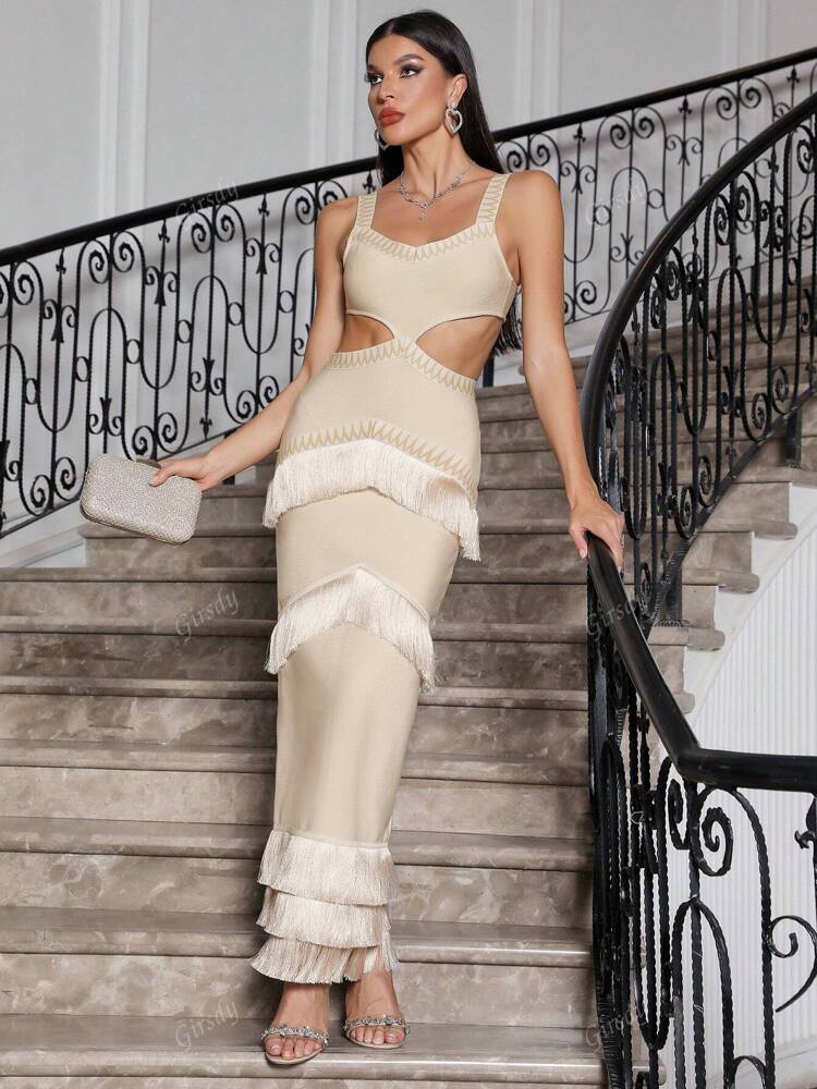 Women's Apricot Bandage Maxi Dress Spaghetti Strap Cutout Waist Tassel Split Long Dress Summer Vacation Wedding Party Outfit Chic