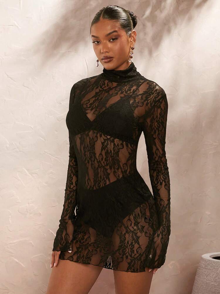 Women's Lace Collar Long Sleeve Sheer Fitted Dress Vacation Party Outfit Elegant Casual Evening Fashion Clothes For Women Chic
