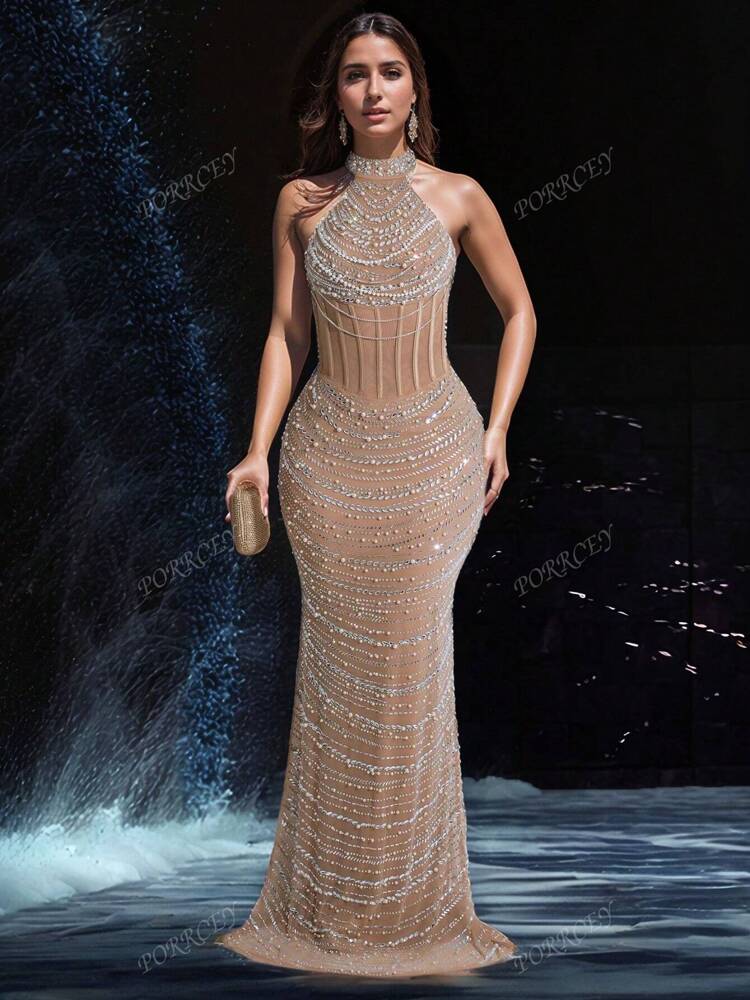 Women's Sleeveless Embellished Beaded Peplum Dress Elegant Formal Evening Gown Suitable For Festivals Weddings Party Guest Outfits