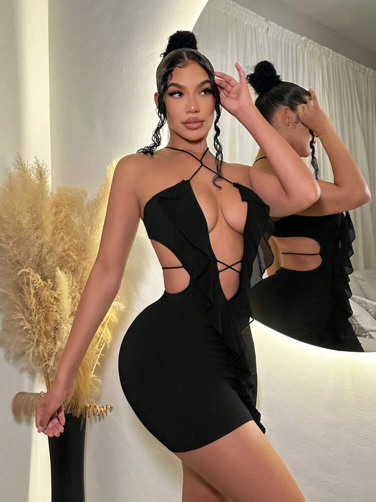 Women's Summer Beach Deep V-Neck Crossing Cutout Halter Dress Slim Fit Backless Casual Party Vacation Outfit Fashion Clothes Chic