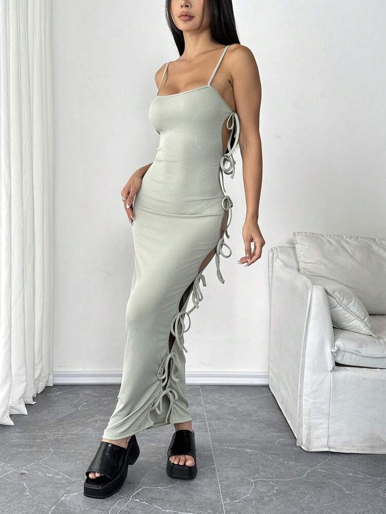 Women's Solid Color Cutout Tie Side Cami Dress Summer Casual Vacation Outfit Slim Fit Fashion Daily Party Wear Elegant Clothes