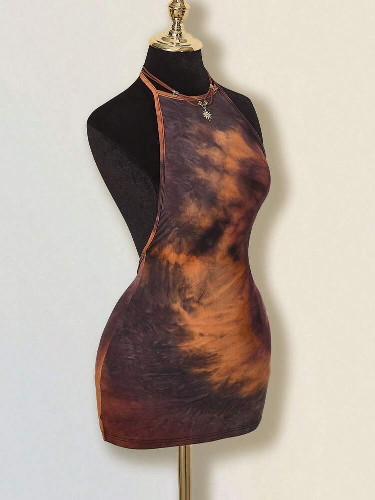 Women's Halter Neck Tie-Dye Bodycon Mini Dress Backless Slim Fit Summer Party Outfit Casual Clubwear Fashion Trendy Clothes Chic