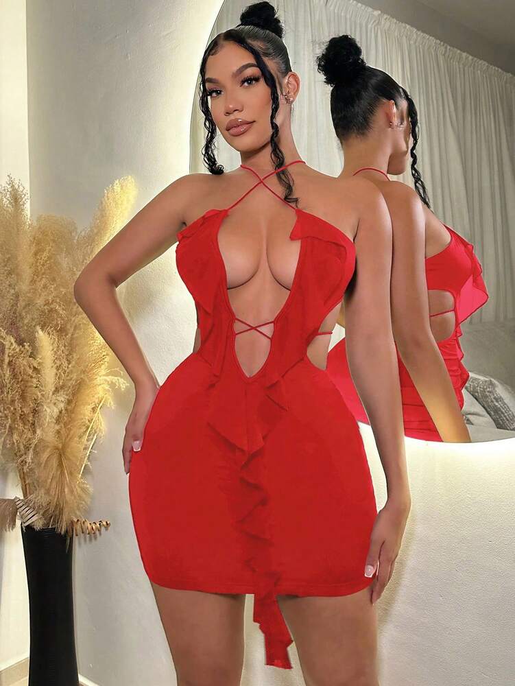 Women's Summer Beach Deep V-Neck Crossing Cutout Halter Dress Slim Fit Backless Casual Party Vacation Outfit Fashion Clothes Chic