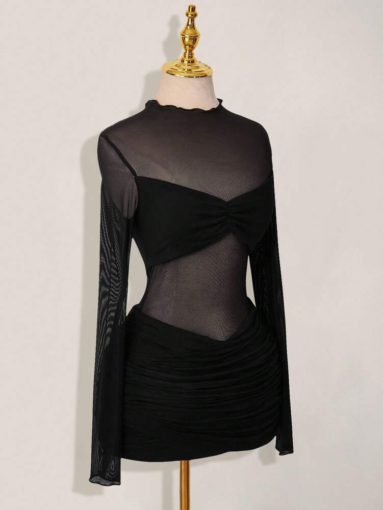 Women's Black Mesh Patchwork Sheer Ruched Long Sleeve Mini Dress Summer Party Outfit Elegant Casual Evening Fashion Clothes Chic