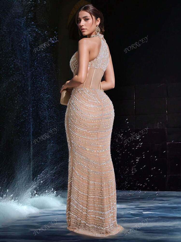 Women's Sleeveless Embellished Beaded Peplum Dress Elegant Formal Evening Gown Suitable For Festivals Weddings Party Guest Outfits