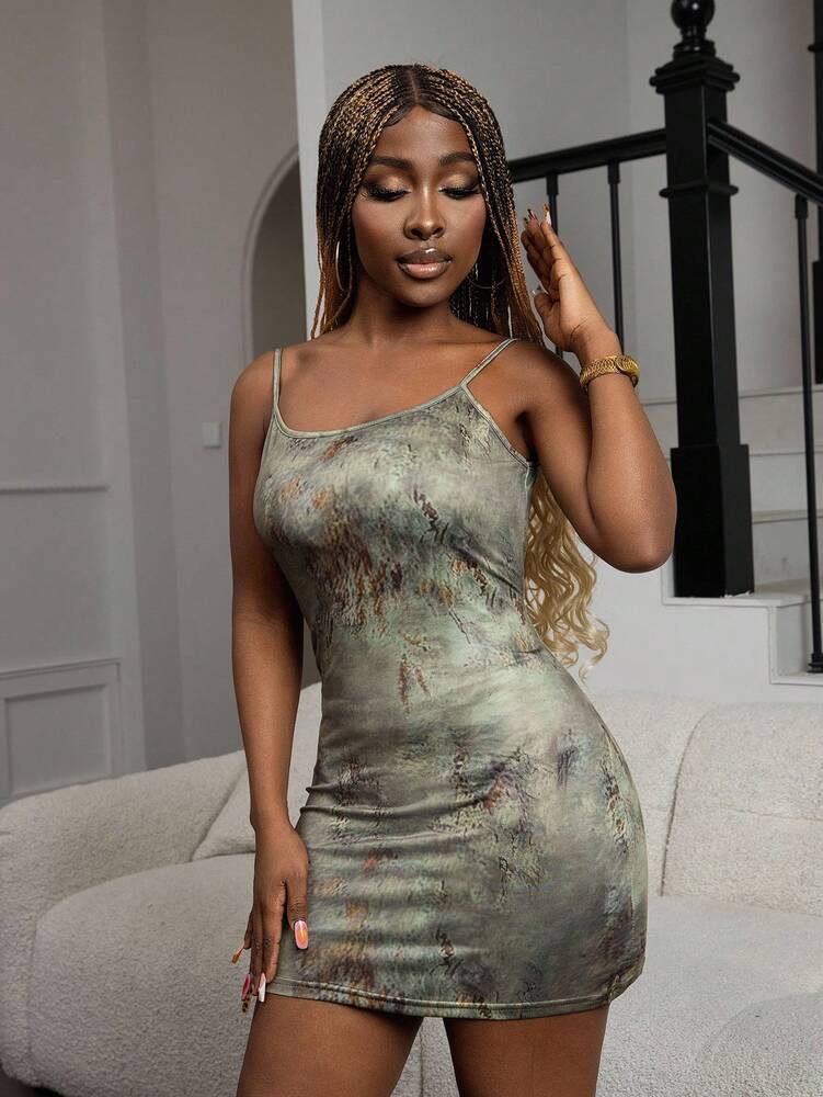 Women's Tie-Dye Print Spaghetti Strap Bodycon Dress Summer Vacation Outfit Slim Fit Casual Daily Party Clubwear Fashion Clothes