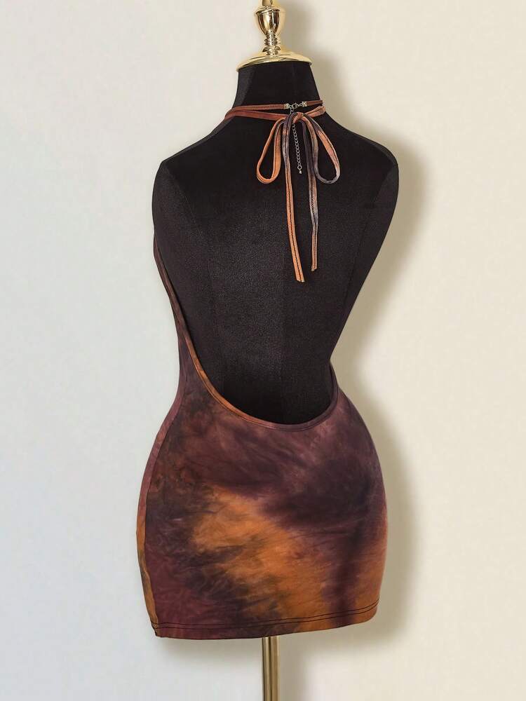 Women's Halter Neck Tie-Dye Bodycon Mini Dress Backless Slim Fit Summer Party Outfit Casual Clubwear Fashion Trendy Clothes Chic