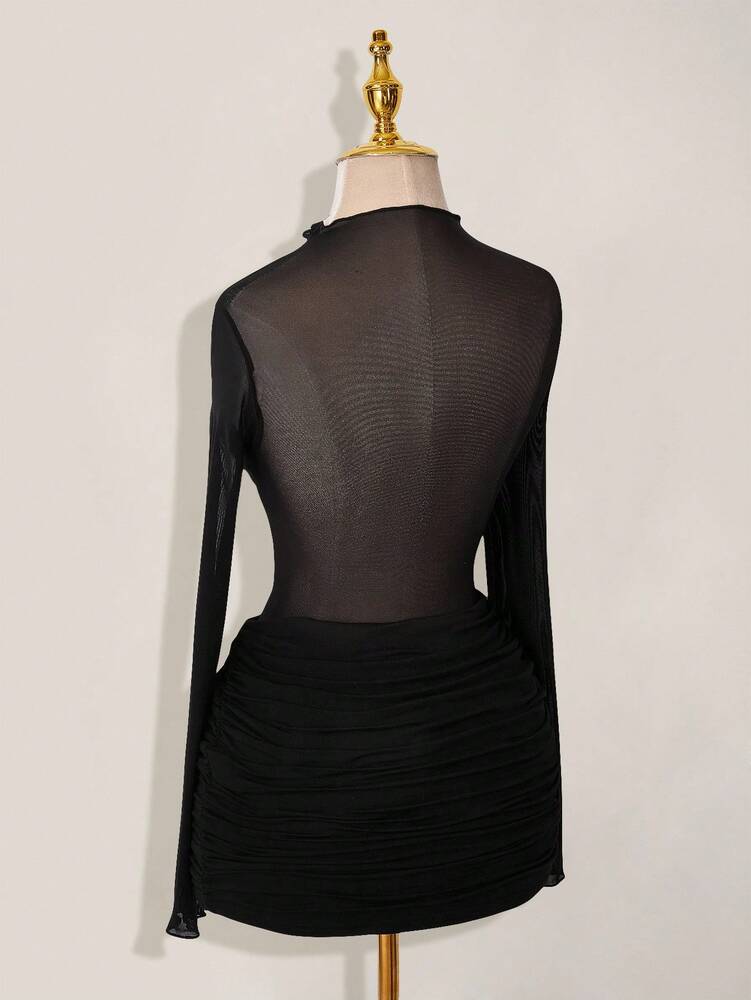 Women's Black Mesh Patchwork Sheer Ruched Long Sleeve Mini Dress Summer Party Outfit Elegant Casual Evening Fashion Clothes Chic