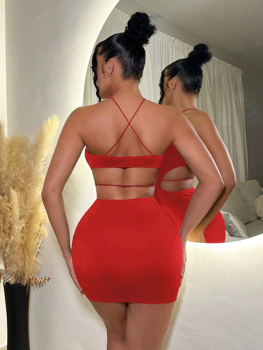 Women's Summer Beach Deep V-Neck Crossing Cutout Halter Dress Slim Fit Backless Casual Party Vacation Outfit Fashion Clothes Chic