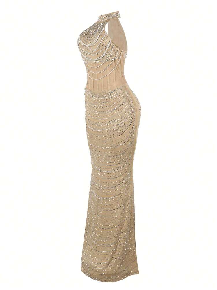 Women's Sleeveless Embellished Beaded Peplum Dress Elegant Formal Evening Gown Suitable For Festivals Weddings Party Guest Outfits
