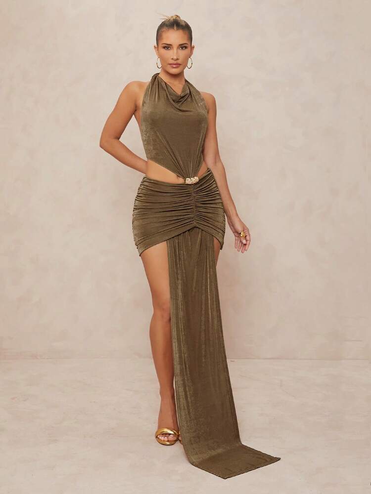 Women's Halter Neck Ribbon Dress With Metal Decor Backless Summer Vacation Outfit Elegant Bohemian Outdoor Party Clothes Chic