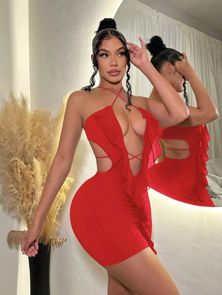 Women's Summer Beach Deep V-Neck Crossing Cutout Halter Dress Slim Fit Backless Casual Party Vacation Outfit Fashion Clothes Chic