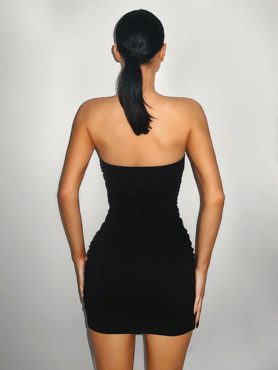 Women's Royal Blue Tube Dress Sleek Cut-Out Neck Metal Decor Bodycon Mini Dress Summer Casual Party Clubwear Fashion Clothes Chic