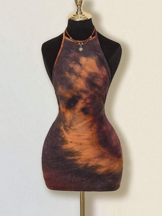 Women's Halter Neck Tie-Dye Bodycon Mini Dress Backless Slim Fit Summer Party Outfit Casual Clubwear Fashion Trendy Clothes Chic