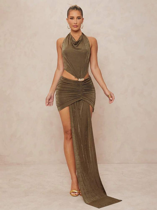 Women's Halter Neck Ribbon Dress With Metal Decor Backless Summer Vacation Outfit Elegant Bohemian Outdoor Party Clothes Chic