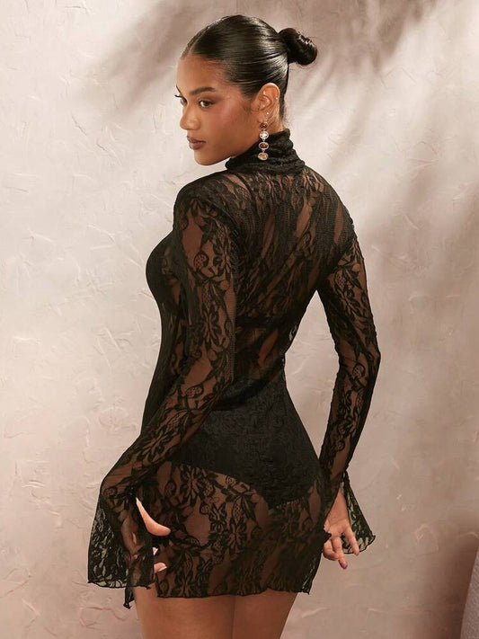 Women's Lace Collar Long Sleeve Sheer Fitted Dress Vacation Party Outfit Elegant Casual Evening Fashion Clothes For Women Chic