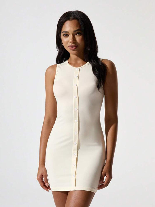 Women's Round Neck Button Down Fitted Bodycon Dress Summer Casual Daily Date Party Outfit Comfortable Sporty Chic Fashion Clothes