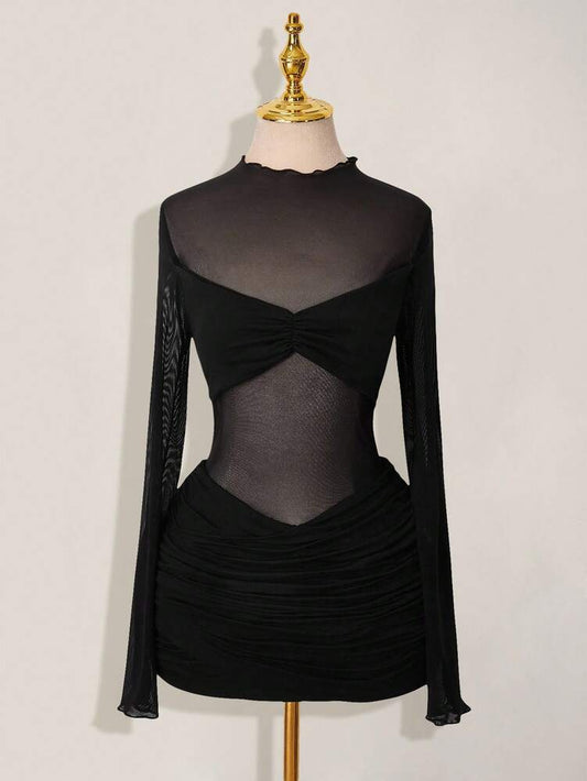 Women's Black Mesh Patchwork Sheer Ruched Long Sleeve Mini Dress Summer Party Outfit Elegant Casual Evening Fashion Clothes Chic